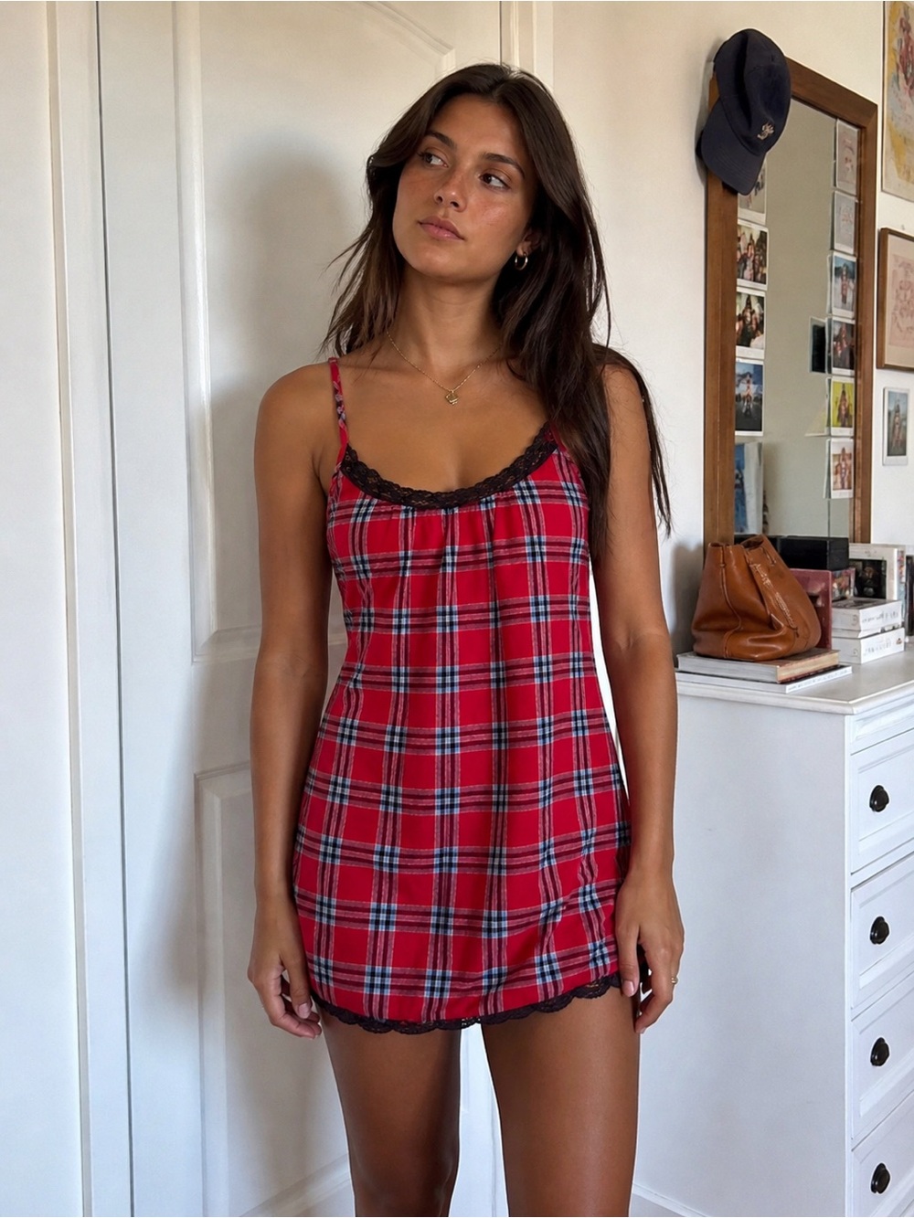 Aerie Red Plaid Lace Trim Sleep Dress Nightgown Babydoll Slip M Y2K Coquette